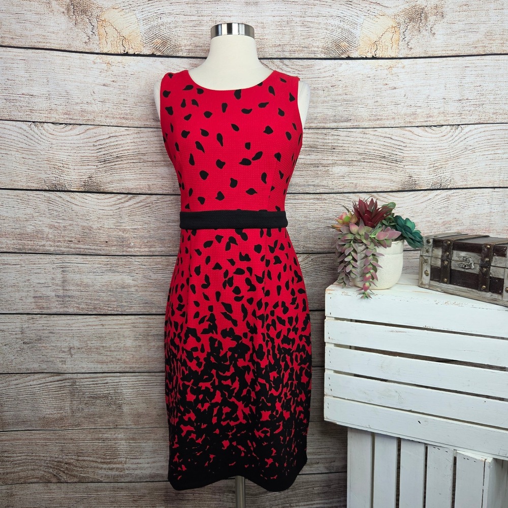 Studio One New York Red Black Abstract Print Sheath Dress Sleeveless Size 6